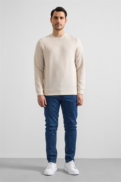 Bej Regular Düz Bisiklet Yaka Sweatshirt