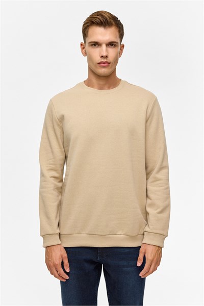 Bej Regular Düz Bisiklet Yaka Sweatshirt