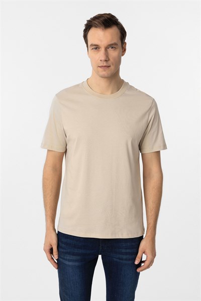 Bej Regular Düz Bisiklet Yaka Tişört