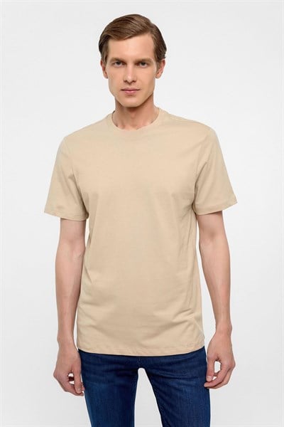 Bej Regular Düz Bisiklet Yaka Tişört