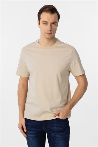 Bej Regular Düz Bisiklet Yaka Tişört