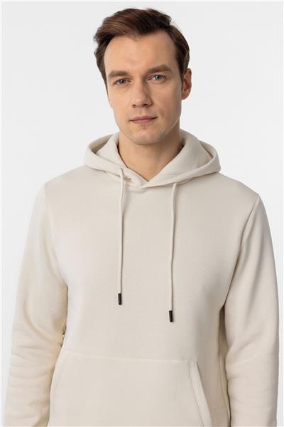 Bej Regular Düz Kapüşonlu Yaka Sweatshirt