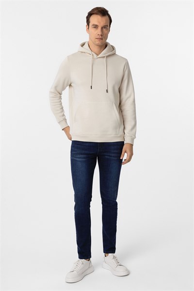 Bej Regular Düz Kapüşonlu Yaka Sweatshirt