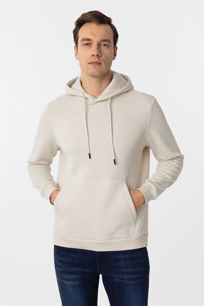Bej Regular Düz Kapüşonlu Yaka Sweatshirt