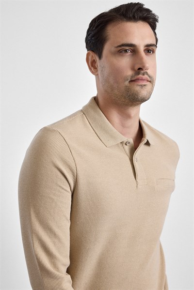 Bej Regular Düz Polo Yaka Sweatshirt