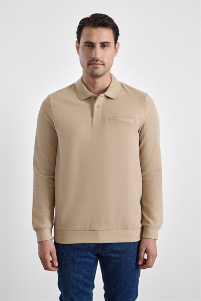 Bej Regular Düz Polo Yaka Sweatshirt