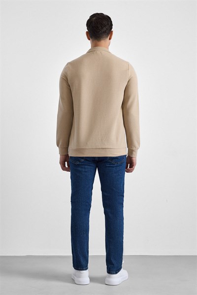 Bej Regular Düz Polo Yaka Sweatshirt