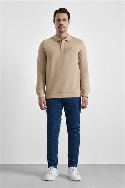 Bej Regular Düz Polo Yaka Sweatshirt