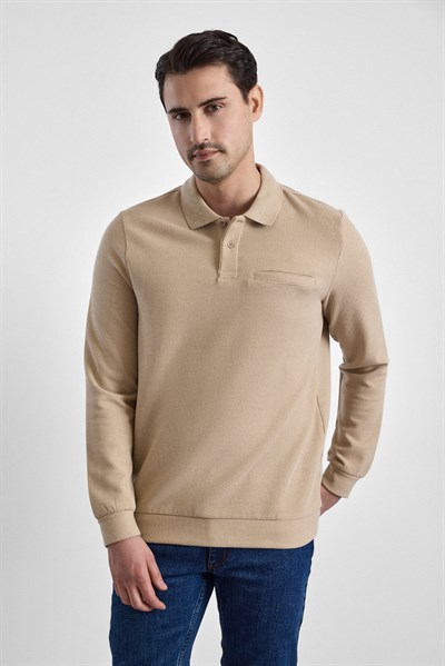 Bej Regular Düz Polo Yaka Sweatshirt