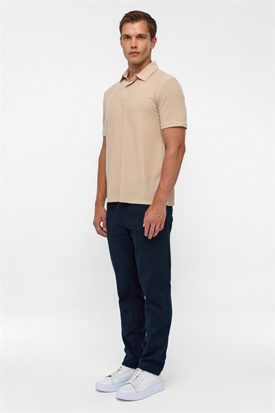 Bej Regular Düz Polo Yaka Tişört