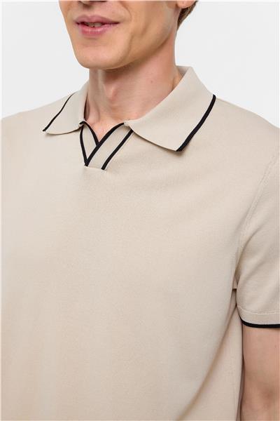 Bej Regular Düz Polo Yaka Triko Tişört 