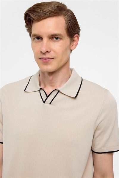 Bej Regular Düz Polo Yaka Triko Tişört 