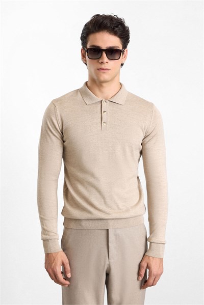 Bej Regular Düz Triko Düğmeli Polo Yaka Kazak