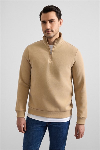 Bej Regular Düz Yarım Balıkçı Yaka Sweatshirt