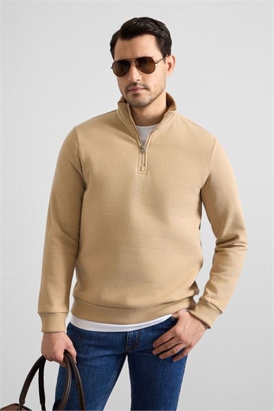 Bej Regular Düz Yarım Balıkçı Yaka Sweatshirt