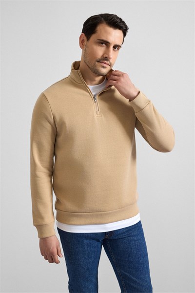 Bej Regular Düz Yarım Balıkçı Yaka Sweatshirt