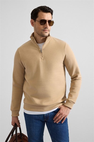 Bej Regular Düz Yarım Balıkçı Yaka Sweatshirt