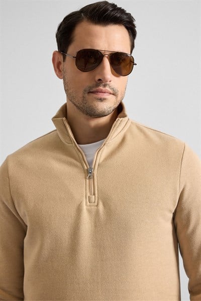 Bej Regular Düz Yarım Balıkçı Yaka Sweatshirt