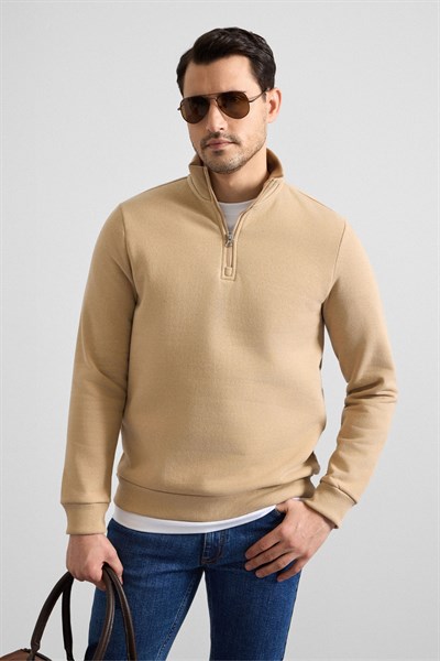 Bej Regular Düz Yarım Balıkçı Yaka Sweatshirt