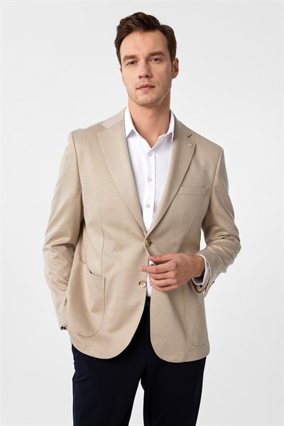 Bej Regular Fit Desenli Mono Yaka 4 Drop Ceket
