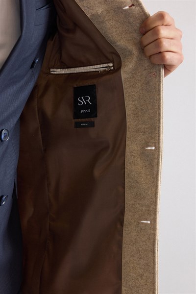 Bej Regular Hakim Yaka Düz Yan Cepli Kaban