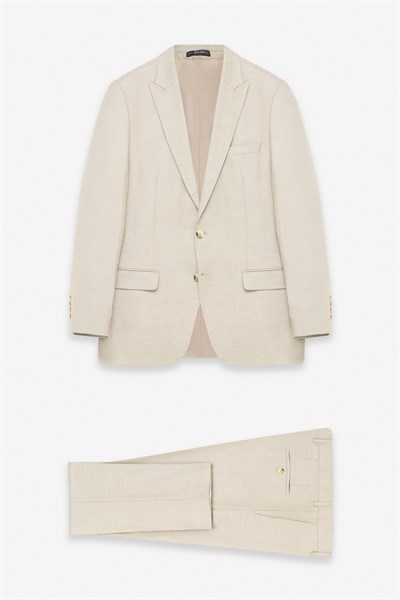 Bej Regular Sivri Yaka 4 Drop Yelekli Takım Elbise