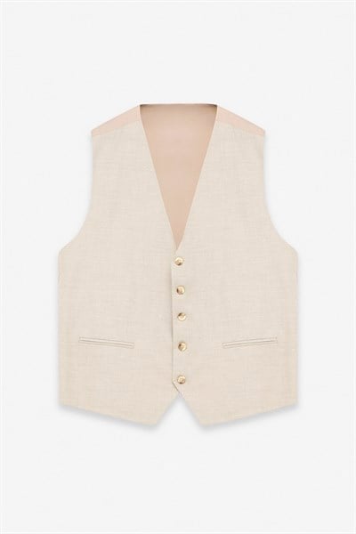 Bej Regular Sivri Yaka 4 Drop Yelekli Takım Elbise