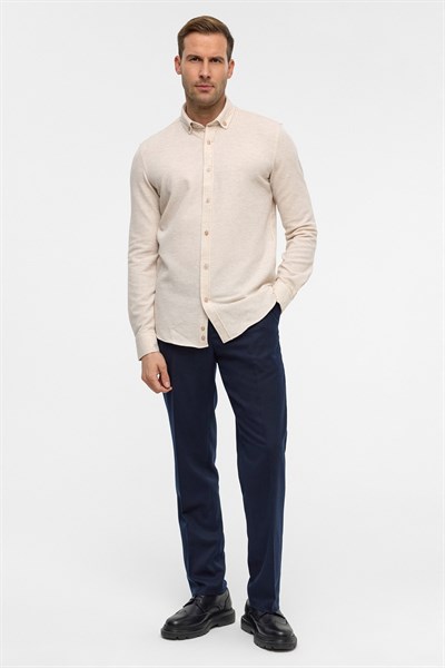 Bej Slim Armürlü Düğmeli Yaka Gömlek