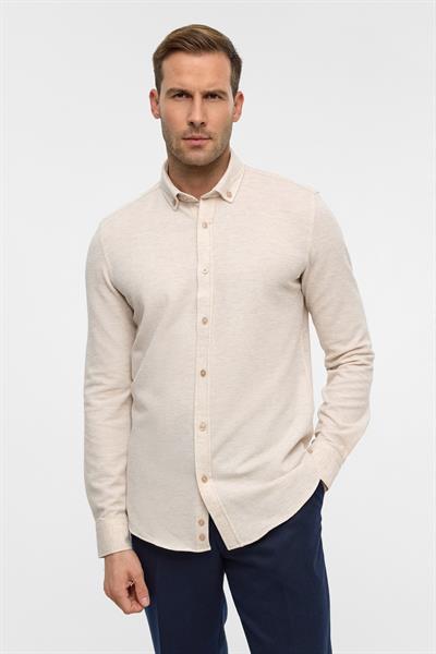 Bej Slim Armürlü Düğmeli Yaka Gömlek