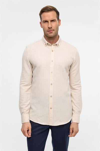 Bej Slim Armürlü Düğmeli Yaka Gömlek