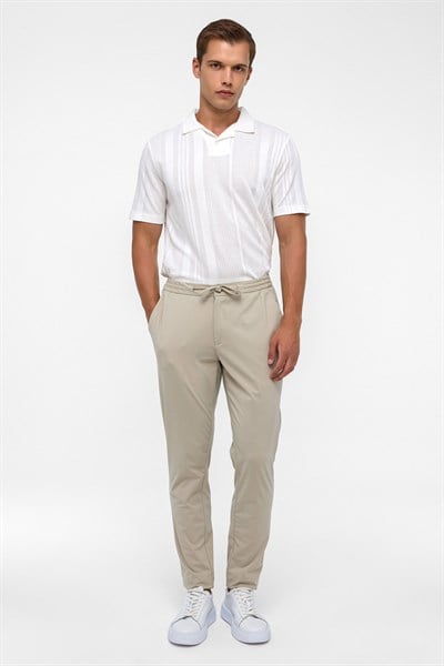 Bej Slim Armürlü Jogger Pantolon