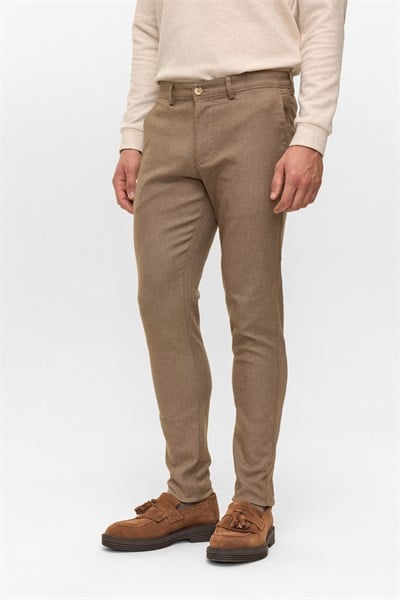 Bej Slim Armürlü Kanvas Pantolon