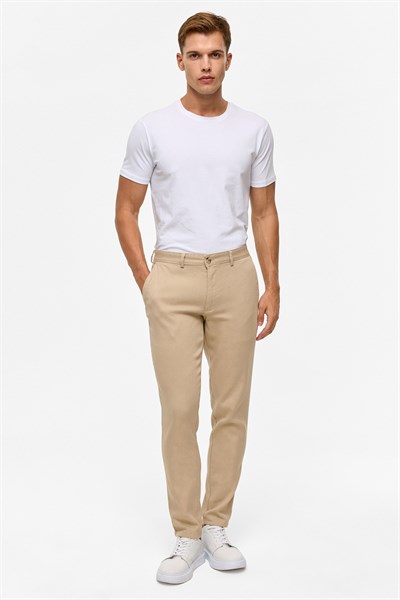 Bej Slim Armürlü Kanvas Pantolon