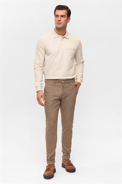 Bej Slim Armürlü Kanvas Pantolon