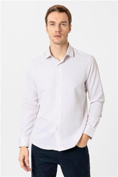 Bej Slim Fit Armürlü Klasik Yaka Gömlek