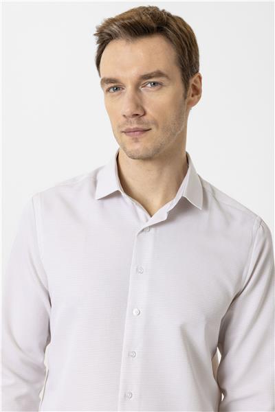 Bej Slim Fit Armürlü Klasik Yaka Gömlek