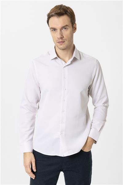 Bej Slim Fit Armürlü Klasik Yaka Gömlek