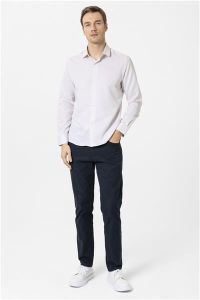 Bej Slim Fit Armürlü Klasik Yaka Gömlek