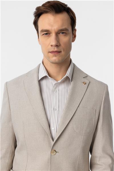 Bej Slim Fit Armürlü Mono Yaka 6 Drop Ceket