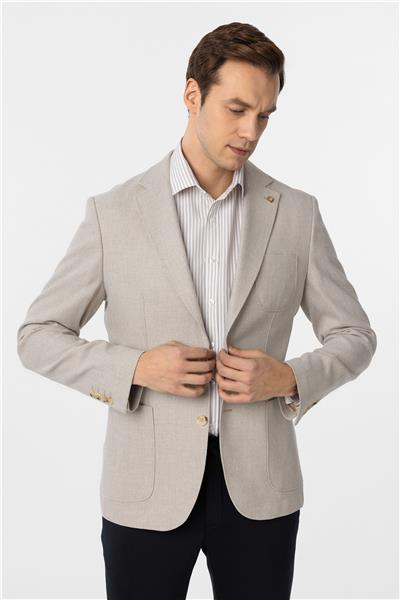 Bej Slim Fit Armürlü Mono Yaka 6 Drop Ceket