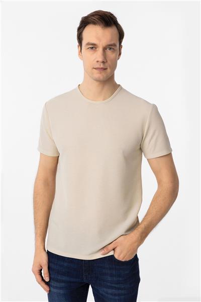 Bej Slim Fit Armürlü Bisiklet Yaka Tişört