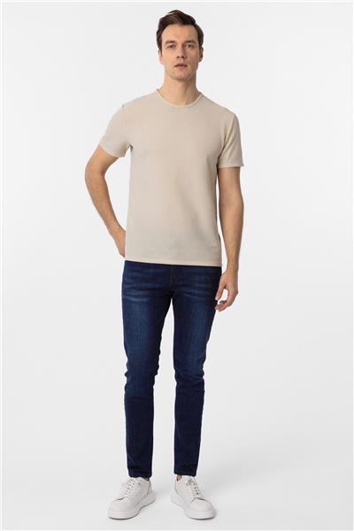 Bej Slim Fit Armürlü Bisiklet Yaka Tişört