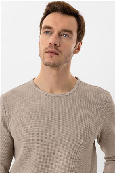 Bej Slim Fit Armürlü Bisiklet Yaka Triko Kazak