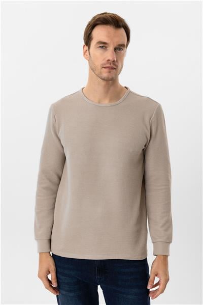 Bej Slim Fit Armürlü Bisiklet Yaka Triko Kazak