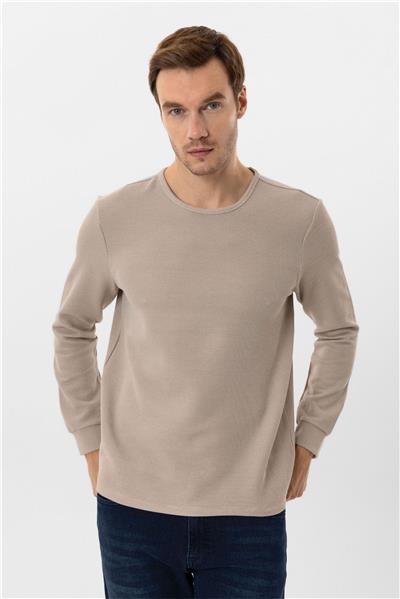 Bej Slim Fit Armürlü Bisiklet Yaka Triko Kazak