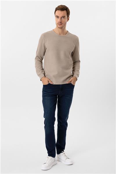 Bej Slim Fit Armürlü Bisiklet Yaka Triko Kazak