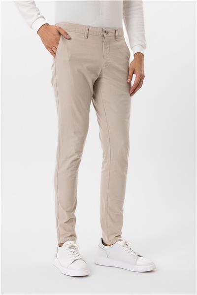 Bej Slim Fit Armürlü Kanvas Pantolon