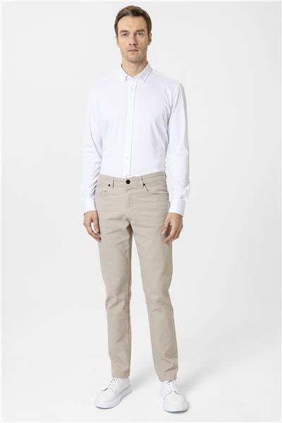 Bej Slim Fit Armürlü Kanvas Pantolon