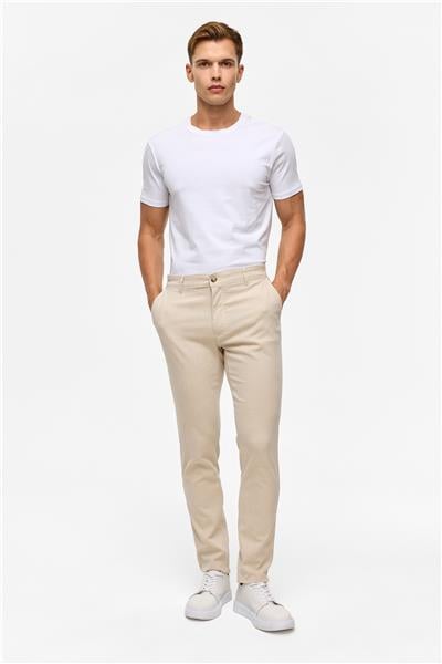 Bej Slim Armürlü Kanvas Pantolon
