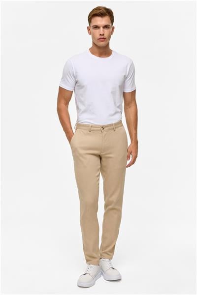 Bej Slim Armürlü Kanvas Pantolon